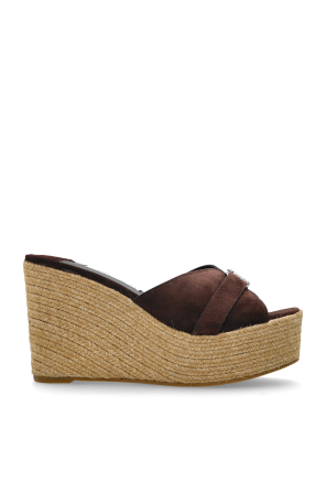 サンダル・ミュール Jimmy Choo LEDA WEDGE SANDALS Leda Wedge 100 |Tan Nappa Leather Mule Wedge | JIMMY CHOO